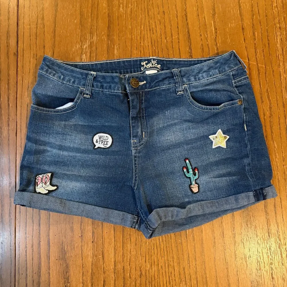 Justice Girls 16 Plus Denim Jean Shorts Western Patches Cactus Boots Cuffed